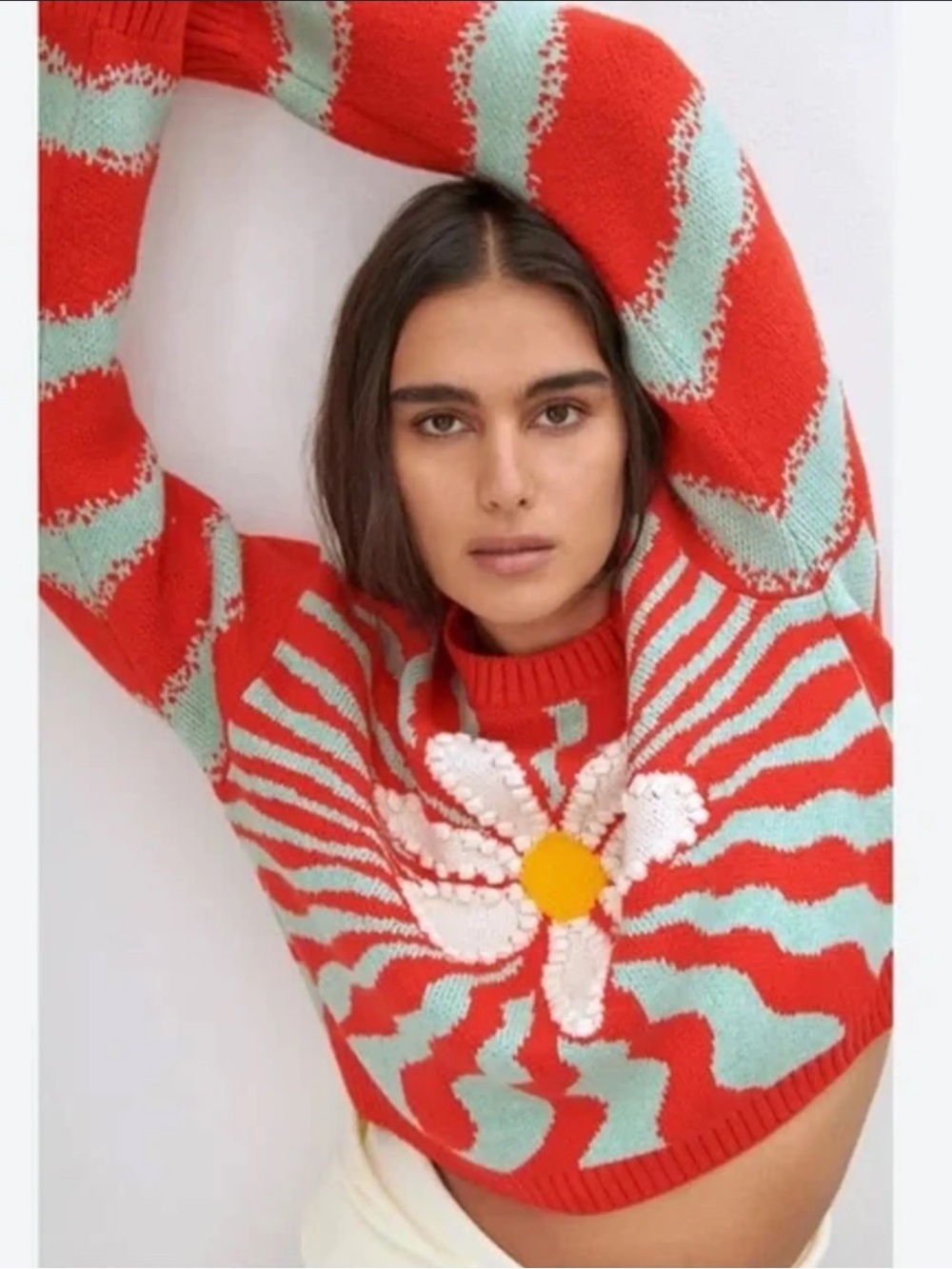 Zara Red & Mint Floral Jacquard Turtleneck Sweater